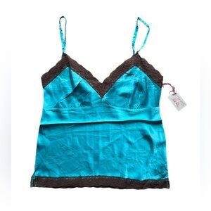 Gold Hawk Silk Lace Camisole Aqua Blue Brown Trim NWT Size M